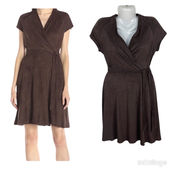 Ellen Tracy Brown Faux Suede Surplice Sheath Dress - Picture 1 of 13